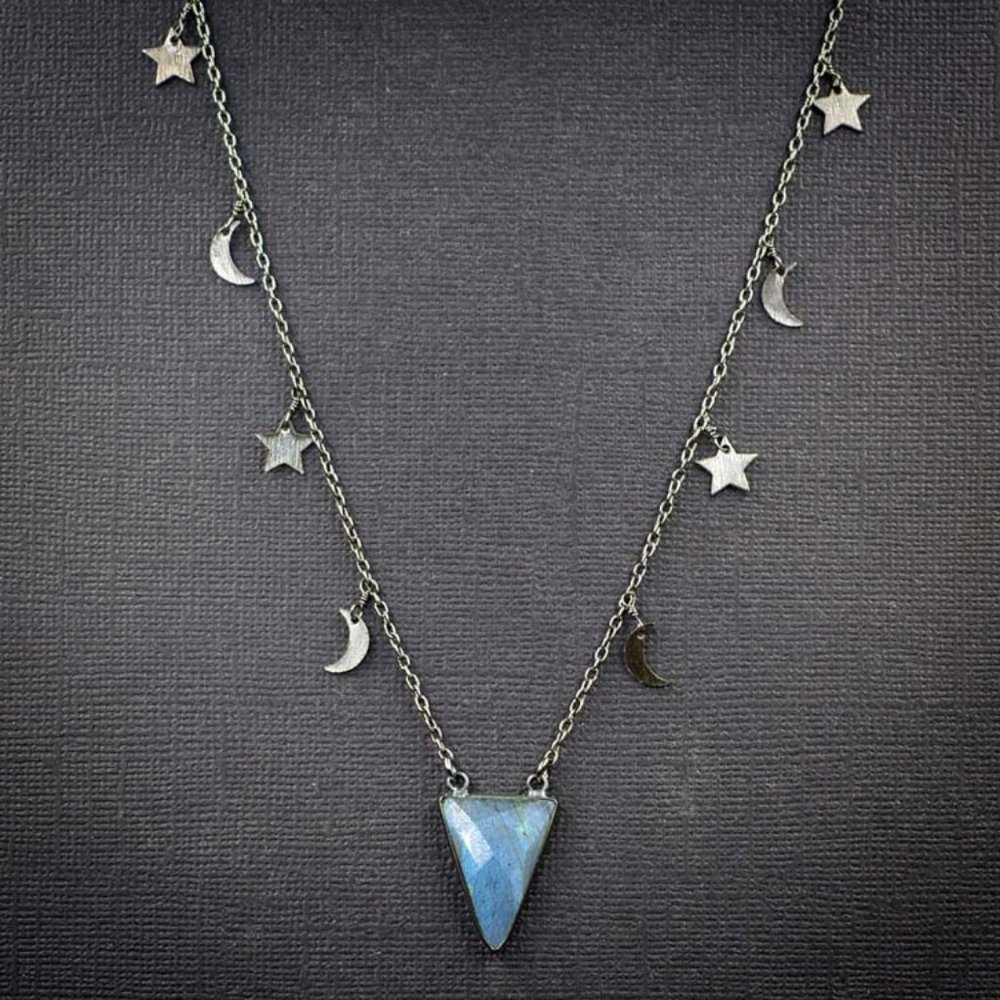 Labradorite Triangle Pendant on Moon and Star Chain – B